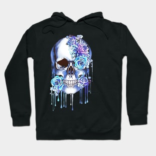 Floral, flowers and skull, Human anatomy, bones, blue style drops color paint Hoodie